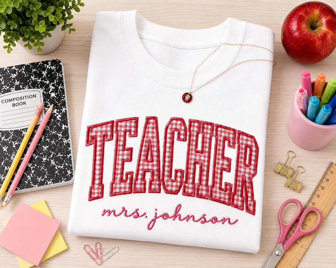 Teacher Applique Sweatshirt, Red Gingham Custom Name Crewneck, Back to School Teacher Gift, Perso... | Etsy (Global)