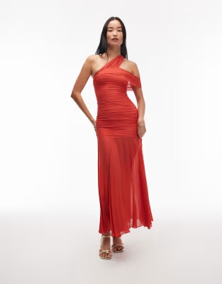 & Other Stories mixed fabric maxi dress with asymmetric off shoulder and sheer hem in bright red | ASOS (Global)