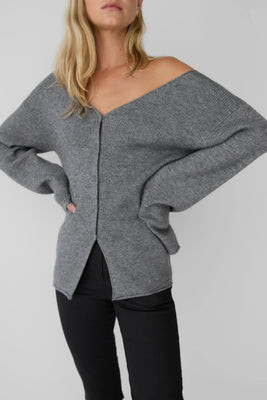 V-NECK BUTTON FRONT SWEATER WITH WAIST TIE Black / Double Extra Small | OAK + FORT