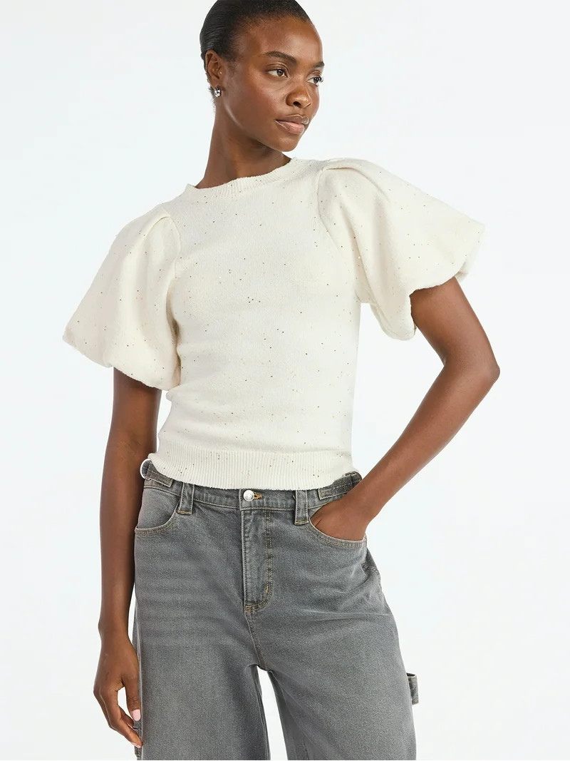 Scoop Women's and Women's Plus Sequin Sweater Top with Puff Sleeves, Lightweight, Sizes XS-4X | Walmart (US)