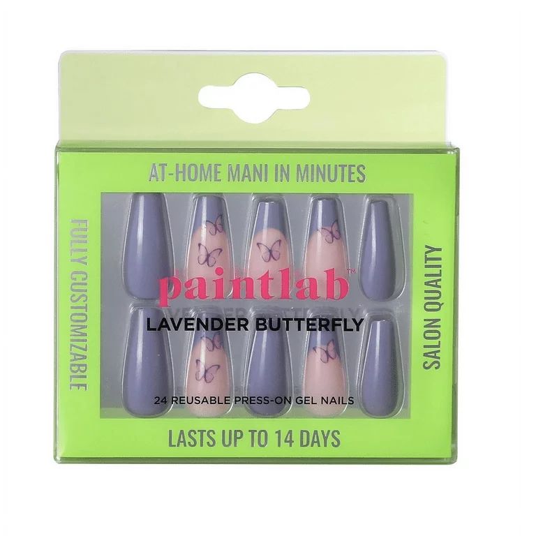 PaintLab Reusable Press-on Gel Nails Kit, Coffin Shape, Purple Lavender Butterfly, 30 Count | Walmart (US)