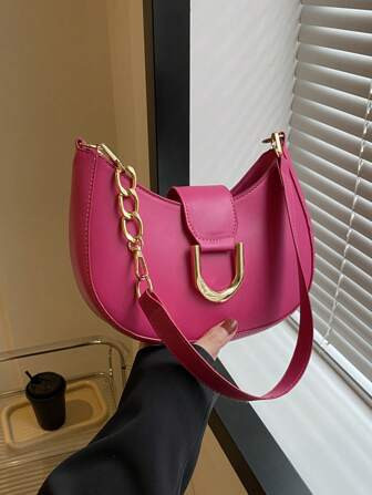 Neon-pink Hobo Bag Funky Metal Decor PU | SHEIN