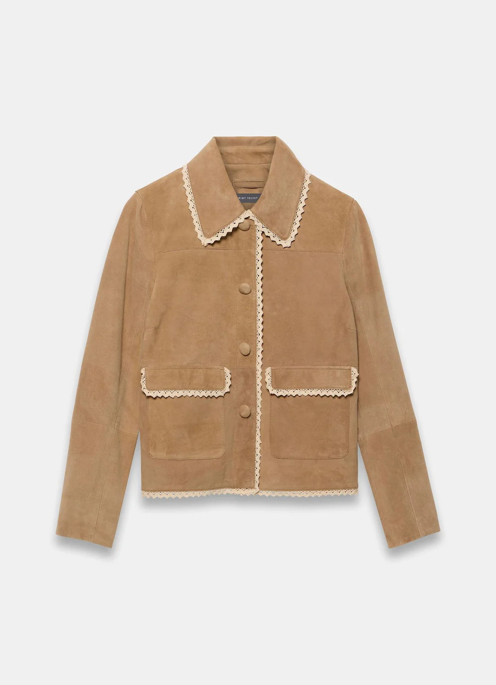 Neutral Suede Crochet Trim Jacket | Mint Velvet