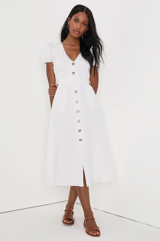 Sicily Sweetheart White Button-Front Puff Sleeve Midi Dress | Lulus (US)