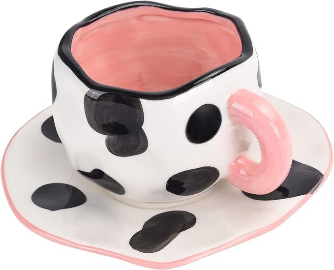 Koythin Cow Mug, Ceramic Coffee Mug with Saucer Set, Cute Cup Unique Irregular Design for Office ... | Amazon (US)