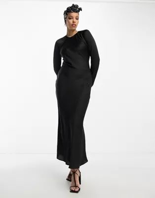 ASOS DESIGN satin biased maxi dress with button detail in black | ASOS (Global)