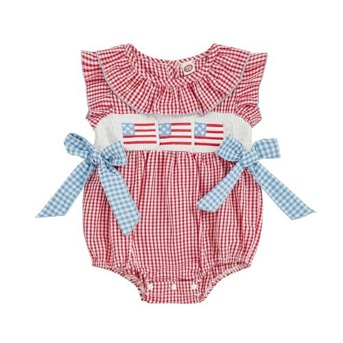 4th of July Baby Girl Outfits Newborn American Flag Romper Fourth of July Ruffle Sleeve Memorial Bodysuit Clothing (Red, 3-6 Months) | Amazon (US)