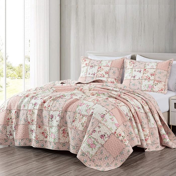 Chezmoi Collection Abbi 3-Piece Pink Shabby Chic Bedding Queen Quilt Set Pre-Washed Cotton Floral... | Amazon (US)