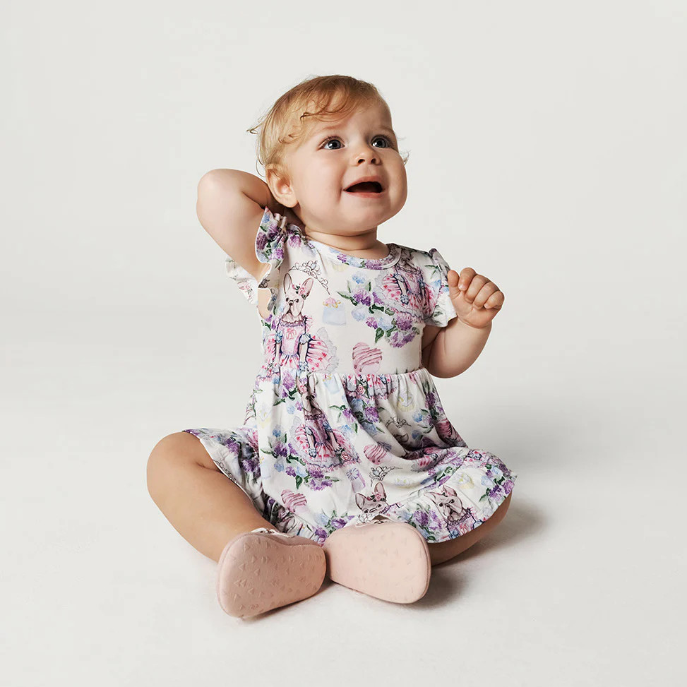 Frenchie Purple Ruffled Baby Bodysuit Dress | Posh Frenchie | Posh Peanut