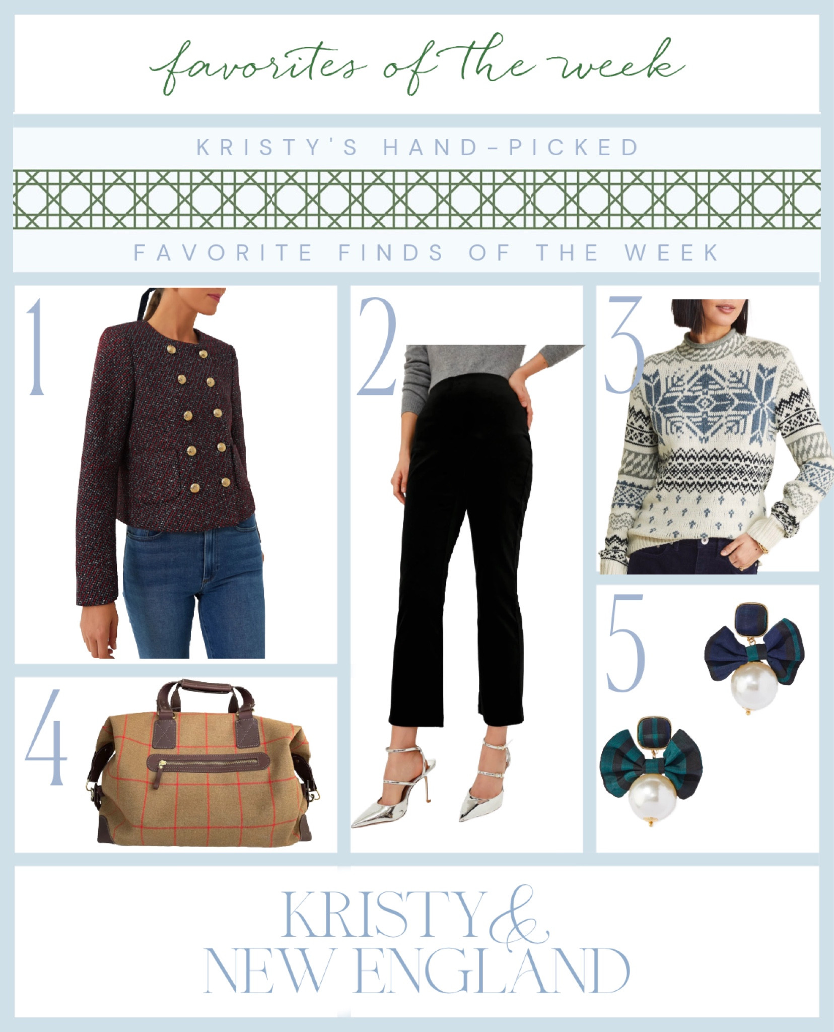 My favorite finds this week: tweed lady jacket, black compression dress crops, tweed weekender bag, ski sweater, bow and pearl earrings.

#LTKGiftGuide #LTKHoliday #LTKover40