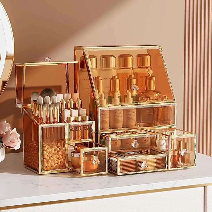 Makeup Organizer Amber,Glass Vanity Organizer for Skincare, Lipsticks, Perfume, Makeup Brushes ... | Amazon (US)