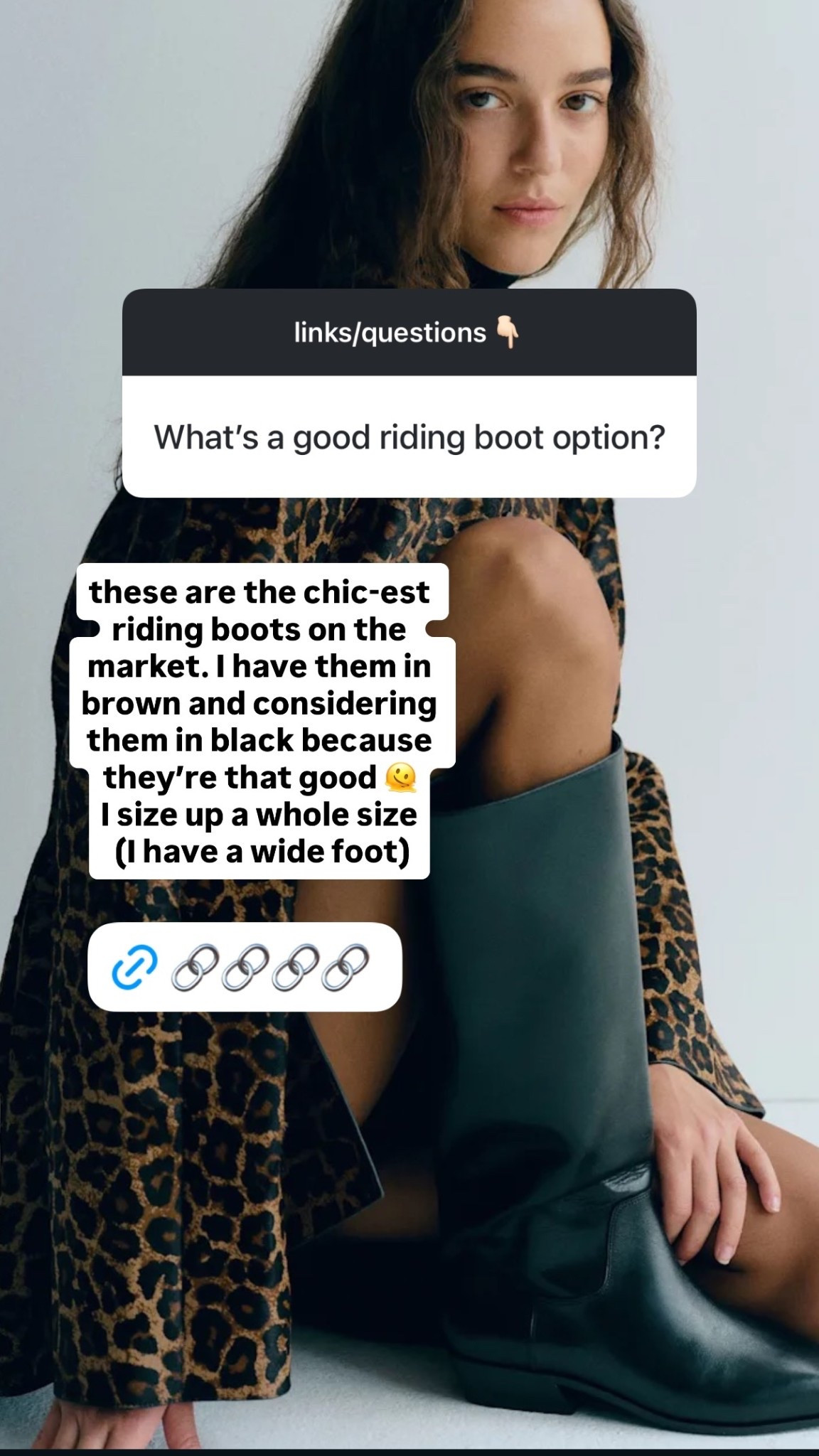 these are the chic-est riding boots on the market. I have them in brown and considering them in black because they’re that good 🫠 
I size up a whole size
 (I have a wide foot)