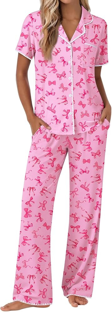 Ekouaer Pajamas for Women Set Button Up Soft Pjs Short Sleeve 2 Piece Lounge Sets Comfy Sleepwear | Amazon (US)