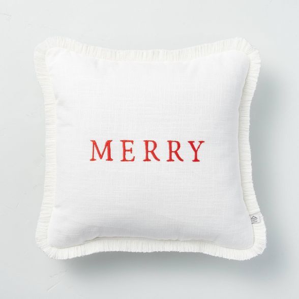 14&#34; x 14&#34; Merry Embroidered Seasonal Throw Pillow Red/Cream - Hearth &#38; Hand&#8482; wi... | Target