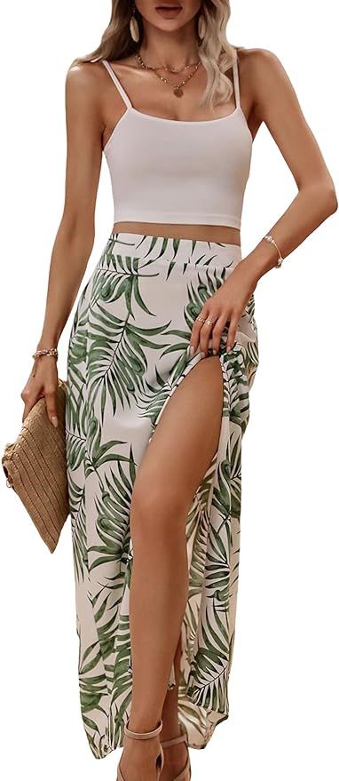 MakeMeChic Women's Summer 2 Piece Tropical Outfits Cami Crop Top Flowy Tropical Long Skirt Set | Amazon (US)