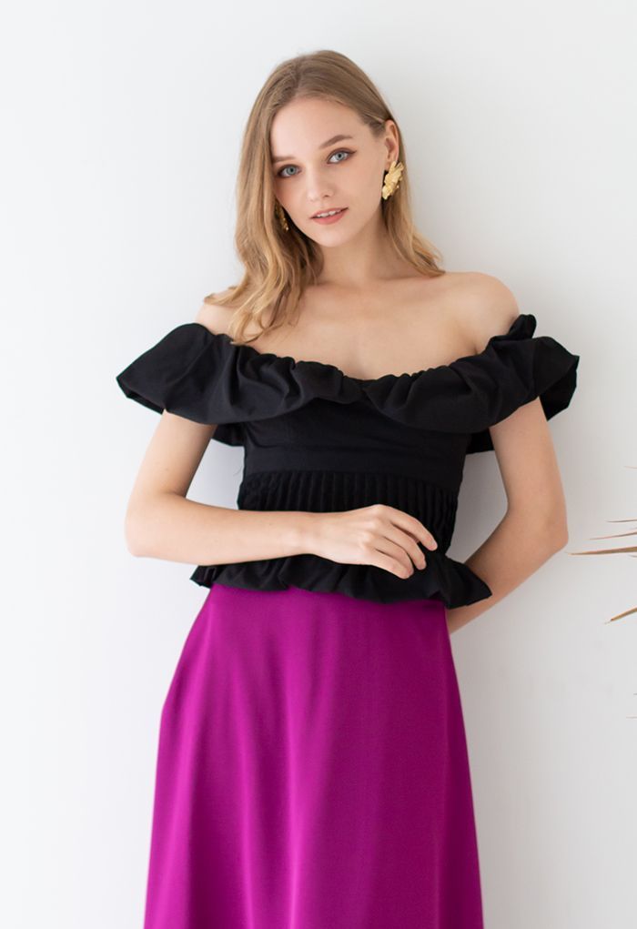 Flap Off-Shoulder Pleated Shirred Top in Black | Chicwish