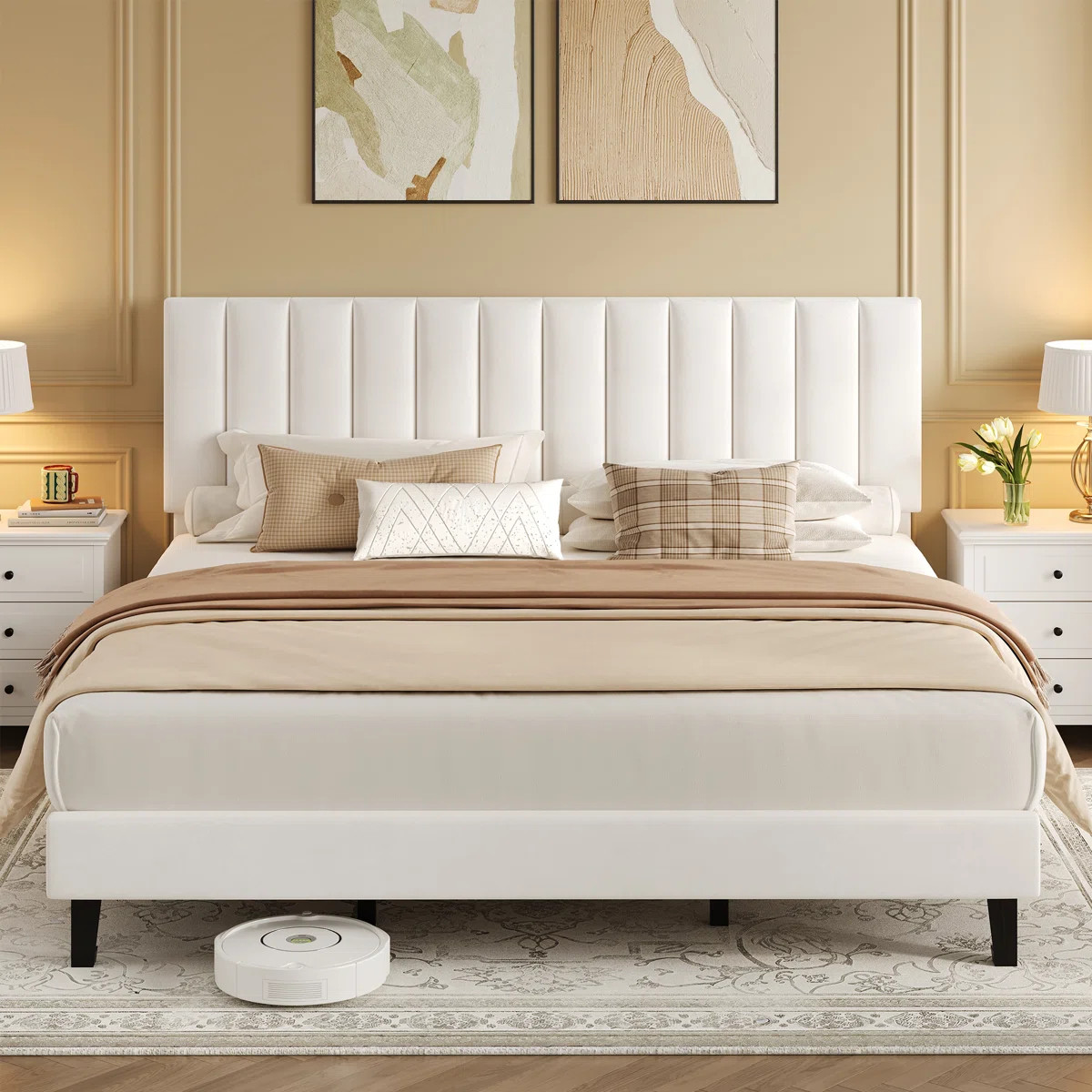 Bed Frame with Adjustable Velvet Upholstered Headboard, Vertical Channel Tufted Platform Bed Fram... | Wayfair North America