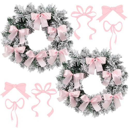 Dingion 2 Pcs 12 Inch Pink Bow Christmas Wreath Flora Coquette Realistic Faux Xmas Door Wreath with Silk Pink Rose Ribbon for Outdoor and Indoor Decor(Bow) | Amazon (US)