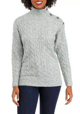 Crown & Ivy Women's Button Detailed Cable Knit Sweater, Grey, XXL | Belk