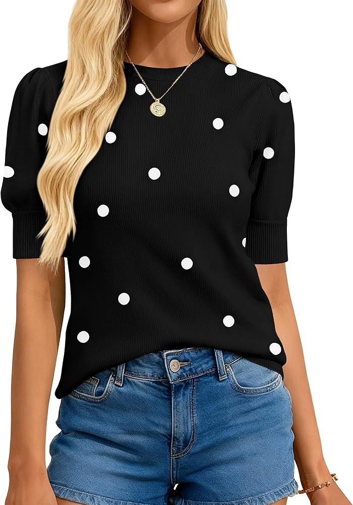 BTFBM Womens Sweaters Polka Dot Short Sleeve Sweater for Women Crew Neck Knit Summer Tops Busines... | Amazon (US)