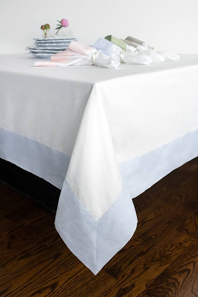 Solino Home Linen Tablecloth 60 x 108 Inch – 100% Pure Linen Light Blue and White TableCover fo... | Amazon (US)