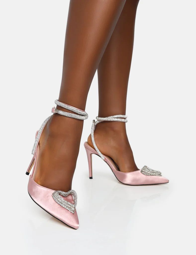 Cupid Baby Pink Satin Diamante Heart Wrap Around Pointed Toe Stiletto Heels | Public Desire (US & CA)
