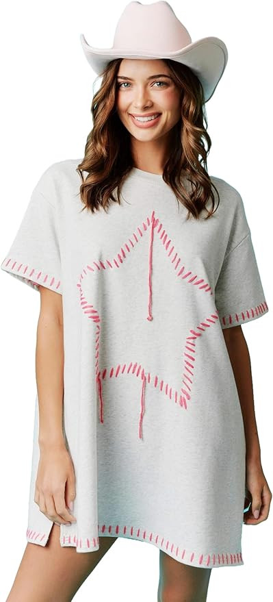 Hey Sweetie Women's Star Threaded T-Shirt Dress – Solid Short Sleeve Round Neck Casual Soft Cot... | Amazon (US)