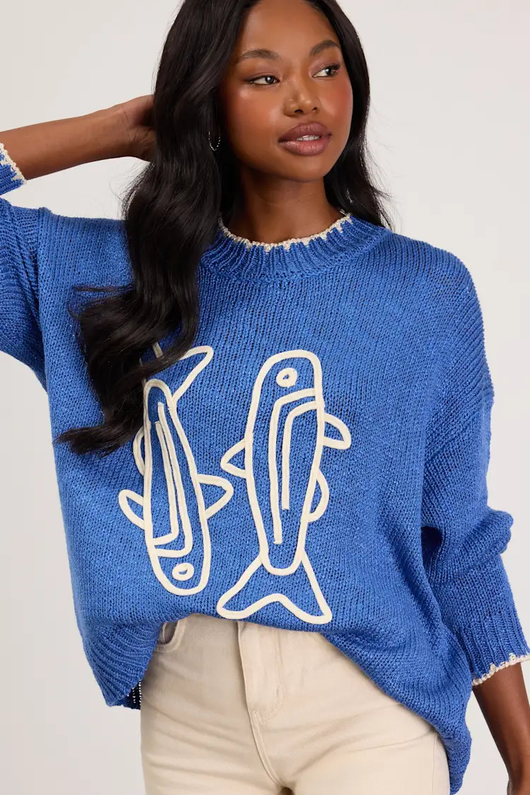 Montauk Blue Embroidered Pullover Sweater | Lulus