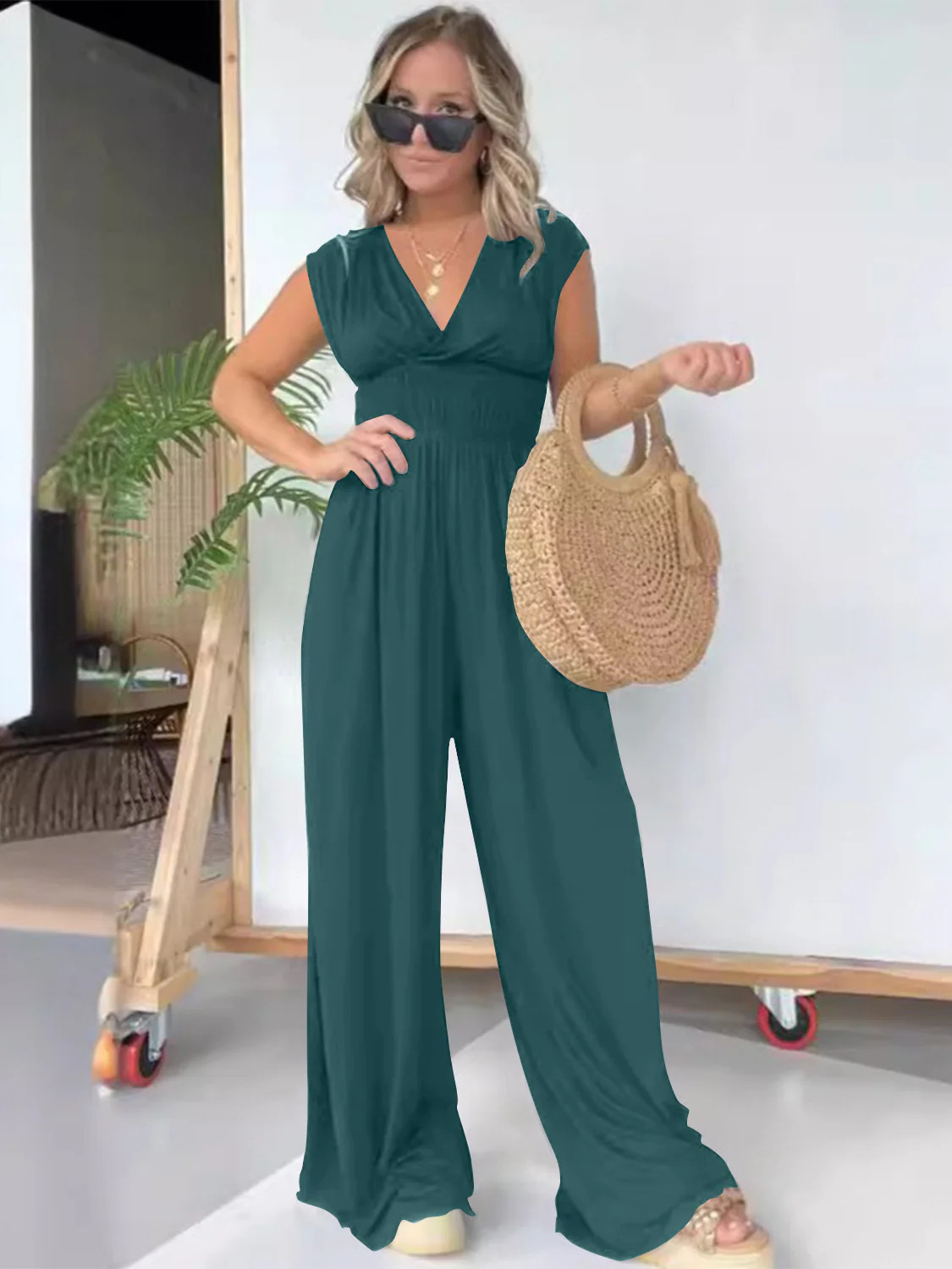 Smocked Cap Sleeve Wide Leg Jumpsuit | Casual Chic Boutique