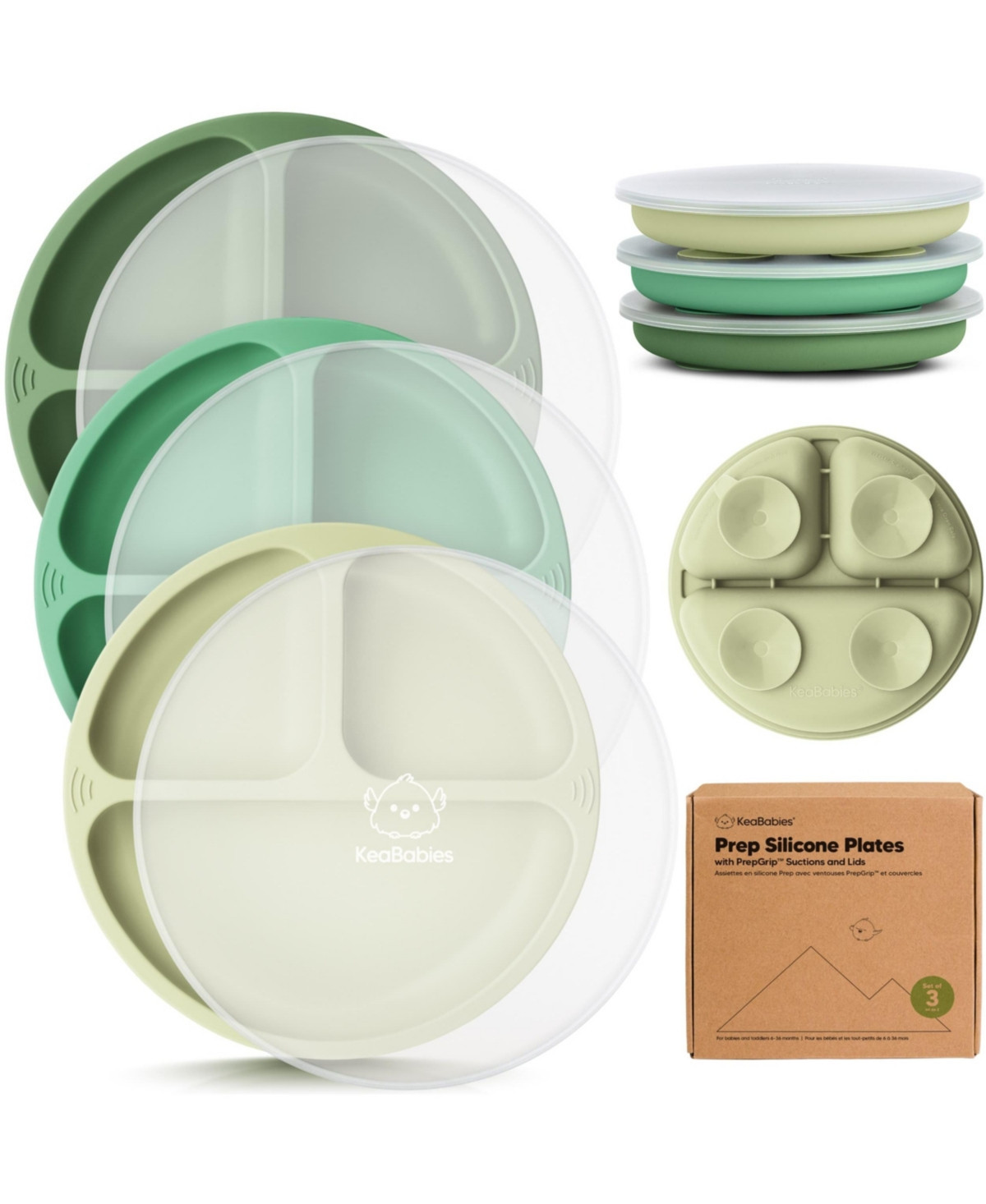 KeaBabies 3-Pack Prep Suction Plates with Lids, 100% Silicone Baby Plates with Lid, Bpa-Free Kids Divided Toddler Plates - Forest | Macy's