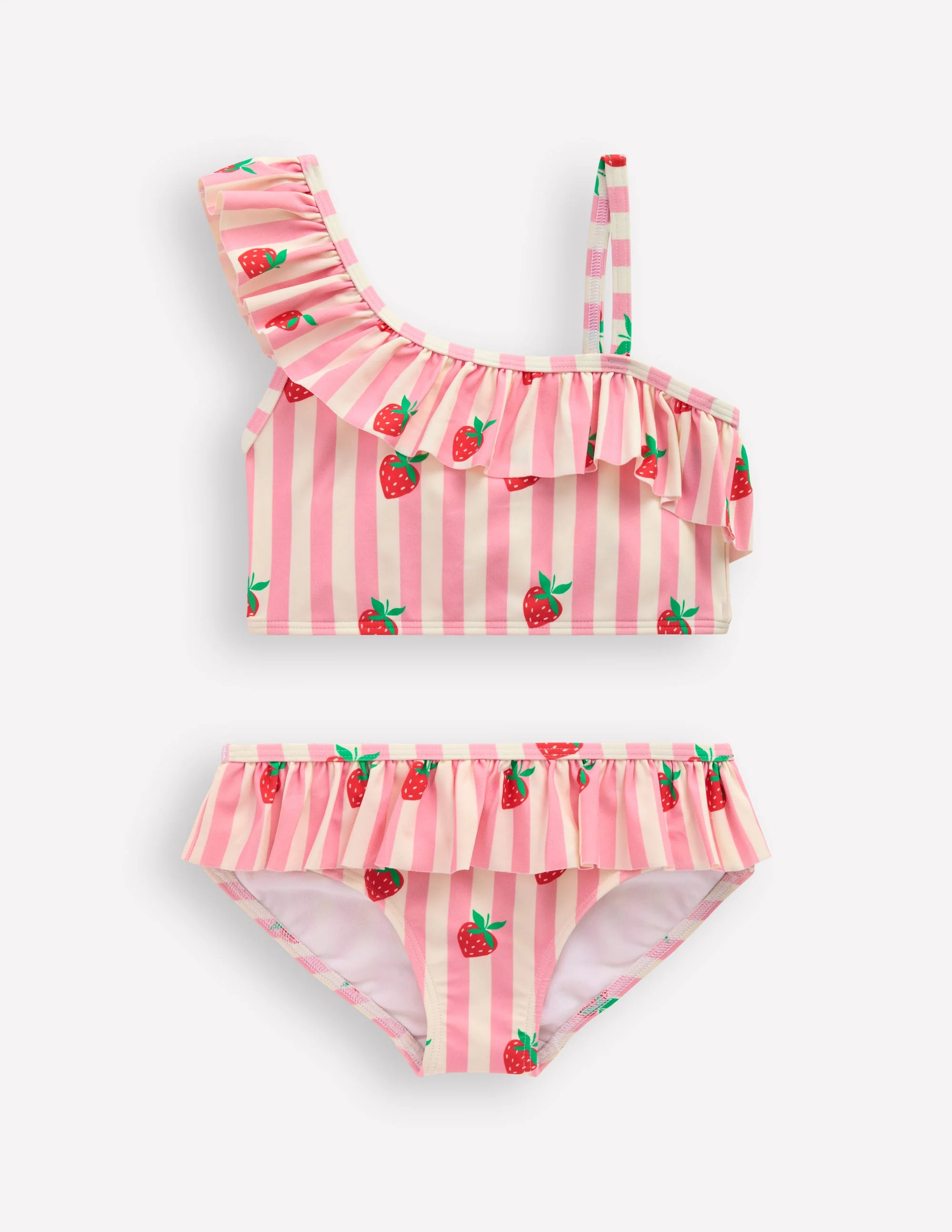 One Shoulder Frill Bikini Set-Pink strawberry stripe | Boden (US)