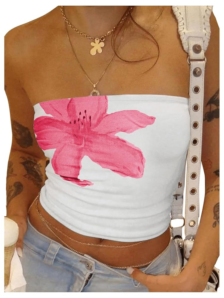 Verdusa Women's Floral Print Strapless Tube Top Boho Backless Fitted Bandeau Crop Tops | Amazon (US)