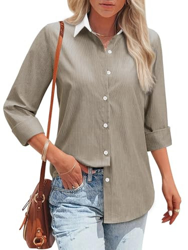 Striped Button Down Shirts for Women Cotton Dress Shirt Long Sleeve Collared Blouse Tops Business Office Attire - Brown Pinstripe 2XL | Amazon (US)