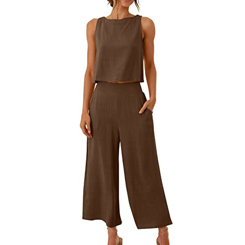 two piece sets for women Summer Vacation 2 Piece Outfits For Women 2024 Sleeveless Crop Top Capri Wide Leg Pants Matching Lounge Set Linen Sets two pieces outfits for woman Coffee 2X | Amazon (US)