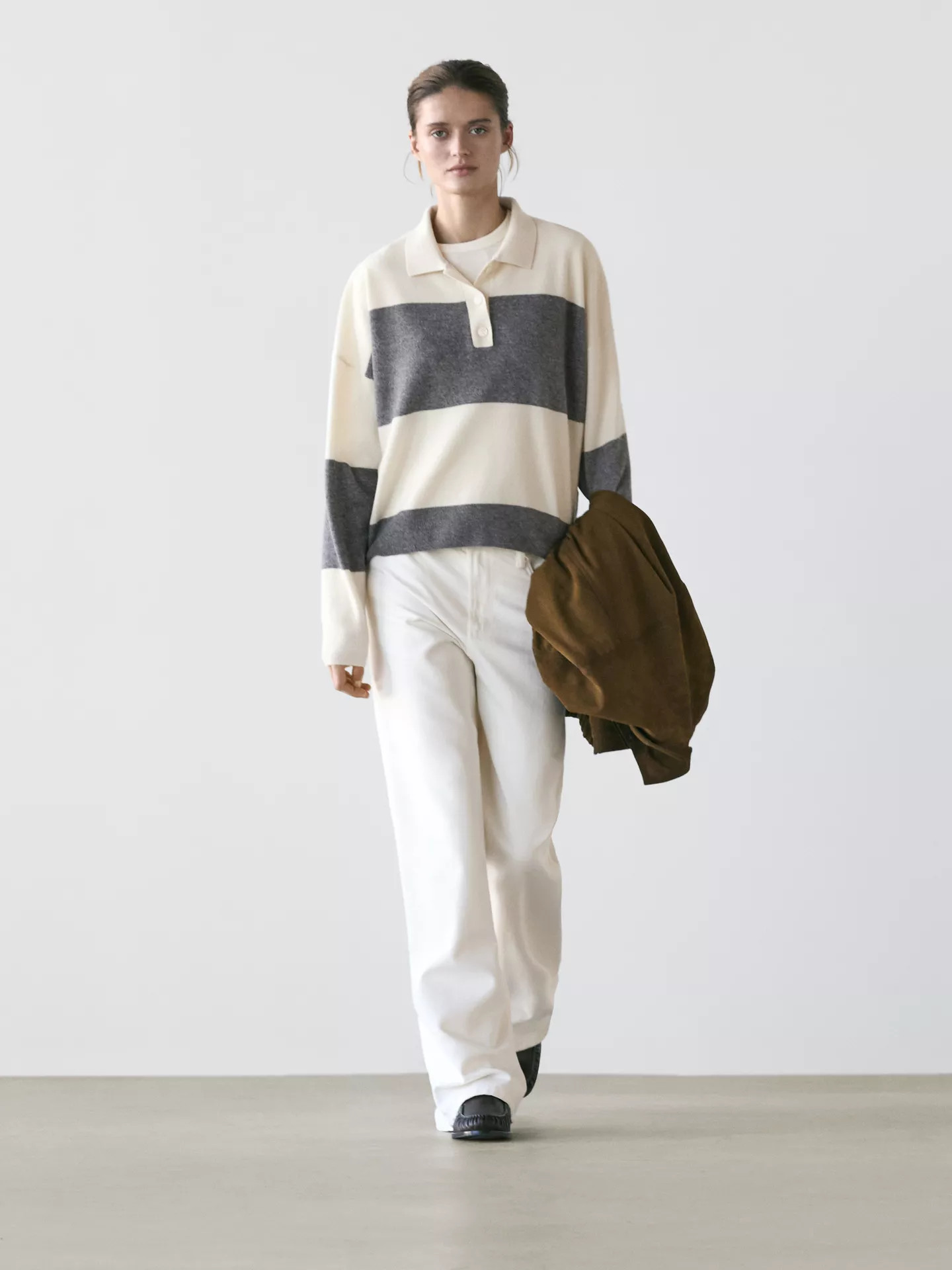 Striped knit sweater with polo collar | Massimo Dutti UK