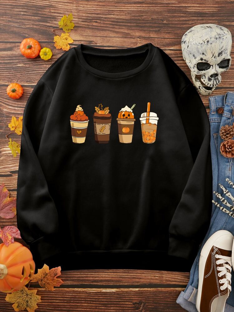 Halloween Pumpkin Print Thermal Lined Sweatshirt | SHEIN