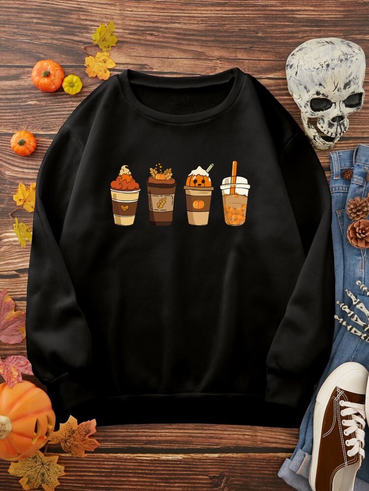 Halloween Pumpkin Print Thermal Lined Sweatshirt | SHEIN