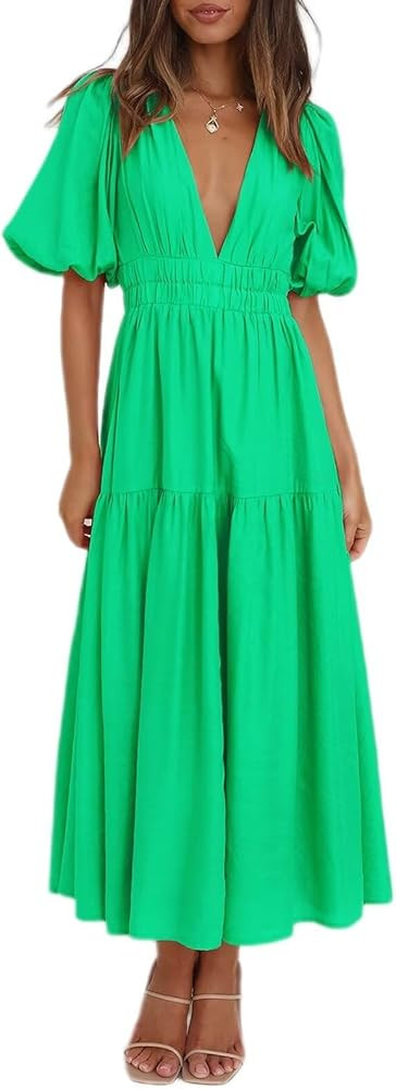 Women’s 2024 Summer Causal Dress Puff Sleeve V Neck A-line Solid Flowy Tiered Midi Dresses | Amazon (US)
