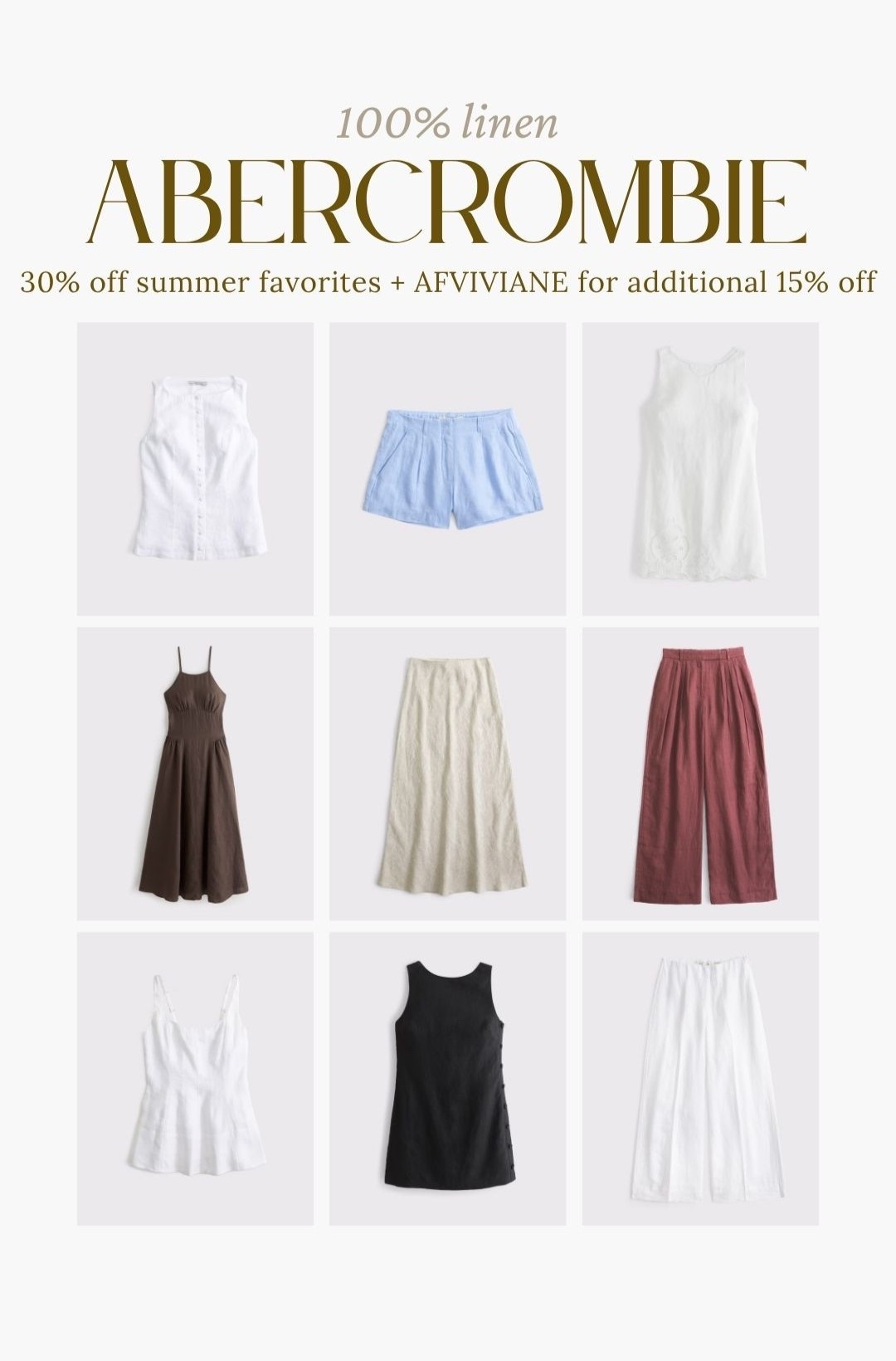 [6/18/26] my @abercrombie code is live!! code AFVIVIANE for stackable 15% off. 100% linen options that I’m loving this season. I’m currently wearing size medium/28 in AF styles at 28 weeks pregnant. 

[Use code AFVIVIANE to get an additional 15% off almost everything in stores and online at checkout from 6/18/26-6/21/26 in US/CA. Exclusions apply. See details online.]

#LTKBump #LTKSaleAlert #LTKSeasonal
