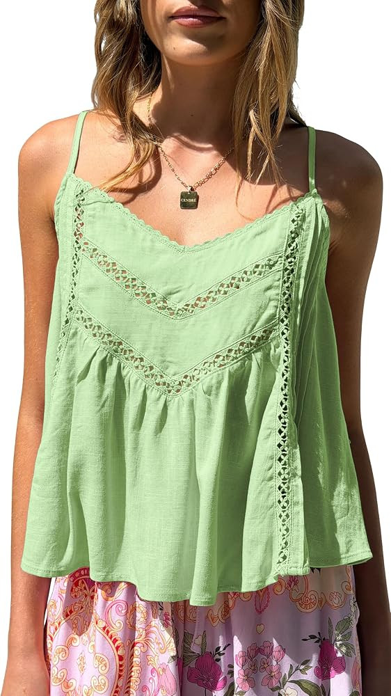 Allimy Womens Casual V Neck Linen Pleated Crochet Cami Shirt Tanks Tops | Amazon (US)