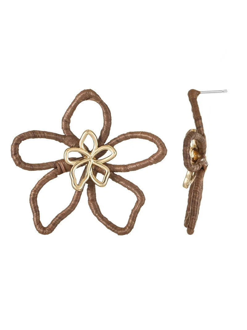 Time and Tru Raffia Wrapped Flower Motif Earrings, Brown, 1 Pair | Walmart (US)