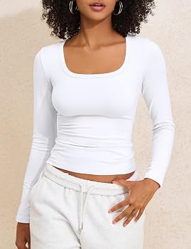 PrettyGuide Womens Cotton Square Neck Tops Slim Fit Long Sleeve Going Out Tops Fall Spring Casual... | Amazon (US)