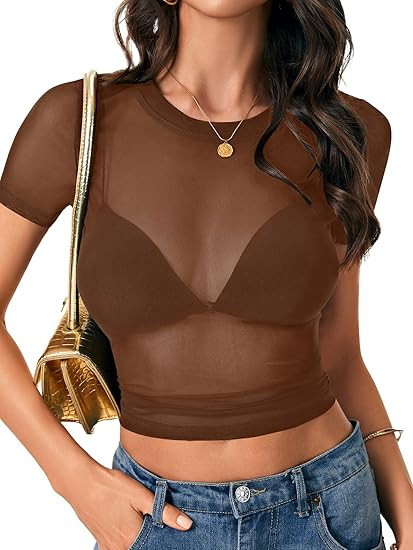LYANER Women's Mesh Sheer Tops Short Sleeve Slim Fit Sexy Crop Top Summer See Through Shirts | Amazon (US)