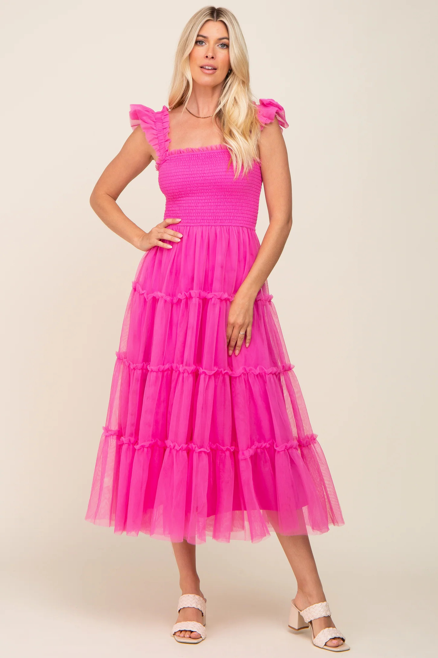 Fuchsia Smocked Mesh Ruffle Accent Midi Dress | PinkBlush Maternity