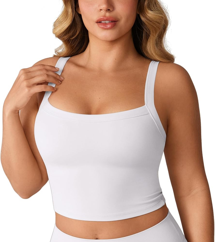 Hugcurve Adjustable Longline Sports Bra Square Neck Workout Tank Crop Tops for Women with Built i... | Amazon (US)