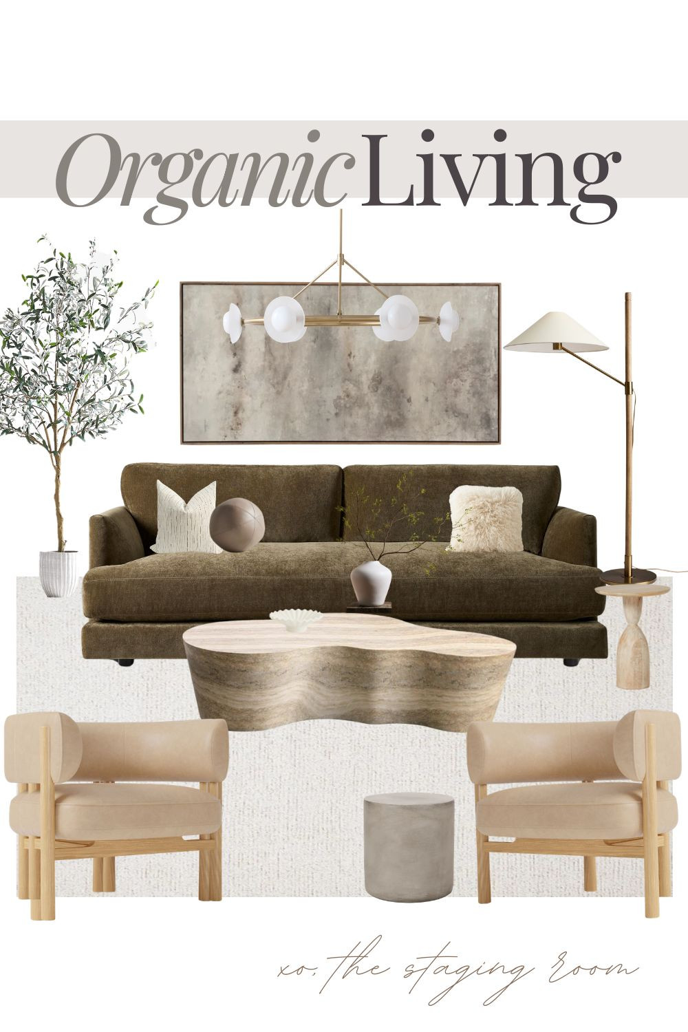 Bring a grounded, editorial feel to your home with an organic living room design that masters the organic modern aesthetic. 

This curated space is anchored by a deep olive velvet sofa, offering a rich contrast to the light tan leather armchairs for a sophisticated quiet luxury vibe.

This mood board features evergreen textures like a sculptural travertine coffee table, a wood pedestal side table, and a minimalist concrete stool. 

The look is finished with a stunning brass globe chandelier, an arched floor lamp, and a faux olive tree to create a serene, nature-inspired retreat. 

These high-end furniture finds are perfect for achieving a timeless and airy home refresh.
#livingroomdecor #organicmodern 

 

#LTKhome #LTKsale #LTKhome