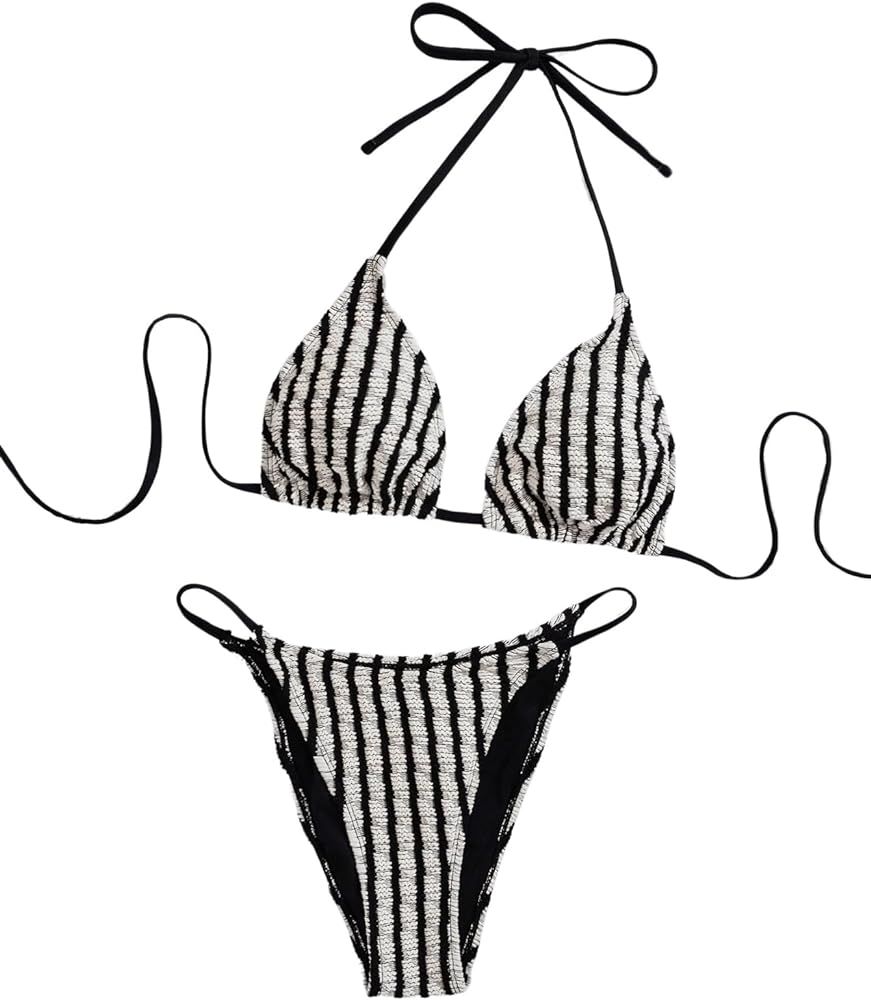 GORGLITTER Women's Striped Thong Triangle Bikini Sets High Cut String Bathing Suit | Amazon (US)