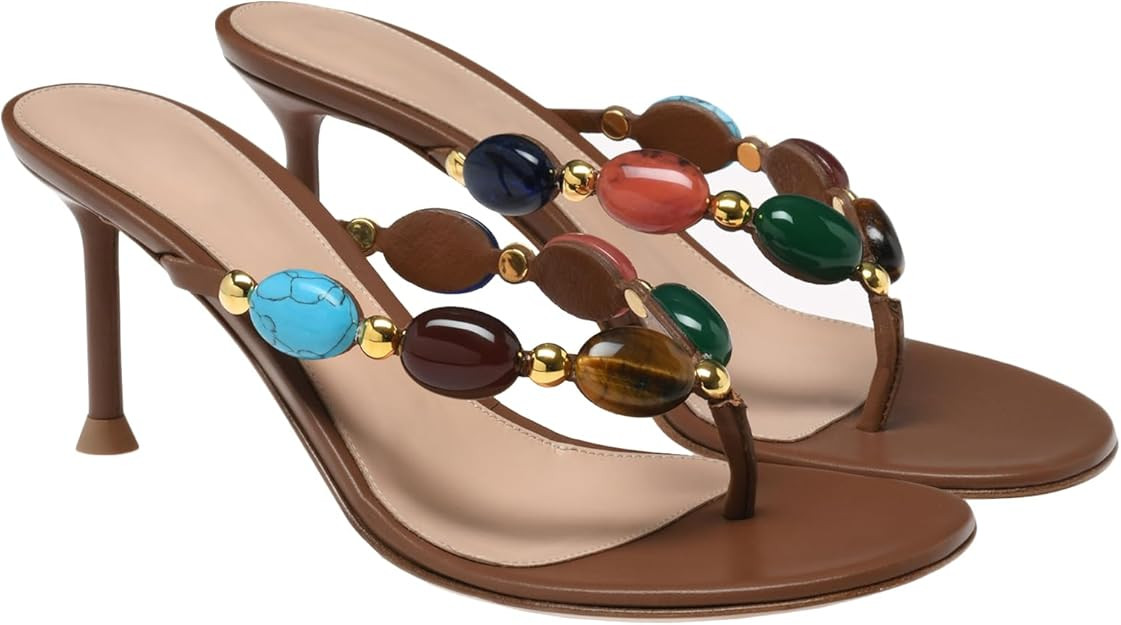 Women's Jewelled Thong Strappy Sandal Summer Mules Kitten Heels Flip Flop Round Open Toe Mid Heel... | Amazon (US)