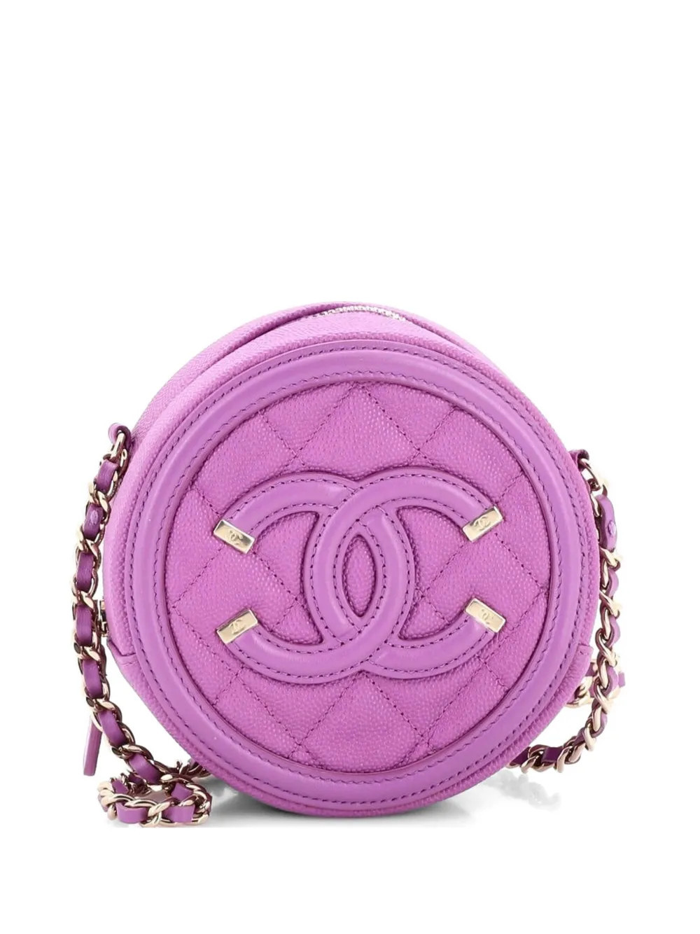 CHANEL Pre-Owned Filigree Round Clutch with Chain Quilted Caviar Mini crossbody bag - Purple | Farfetch Global