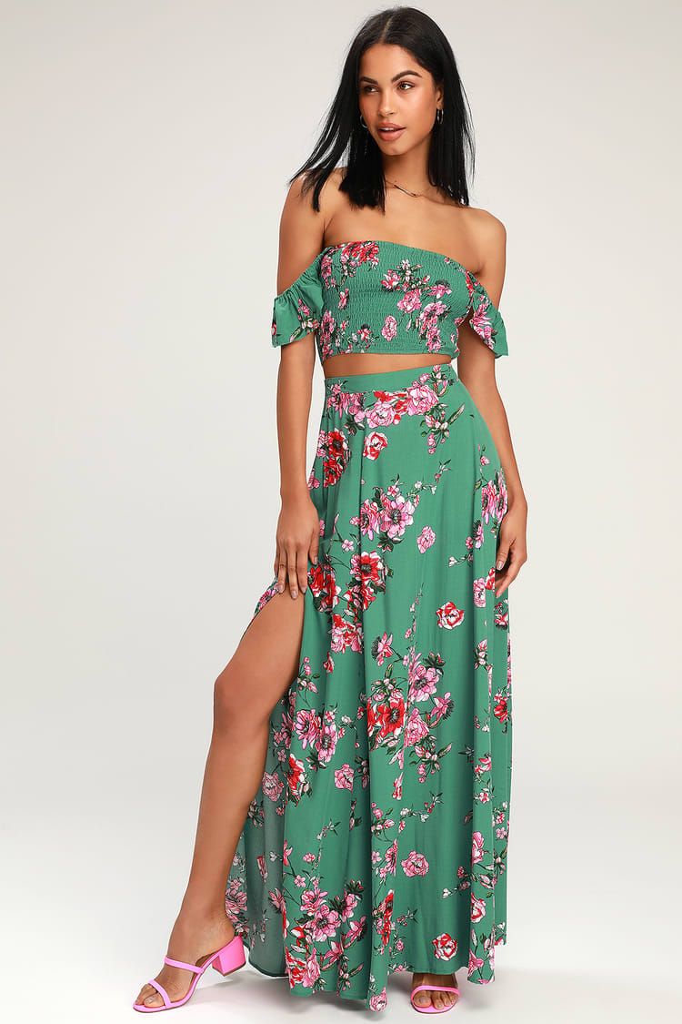 Away On Vacay Green Floral Print Two-Piece Maxi Dress | Lulus (US)